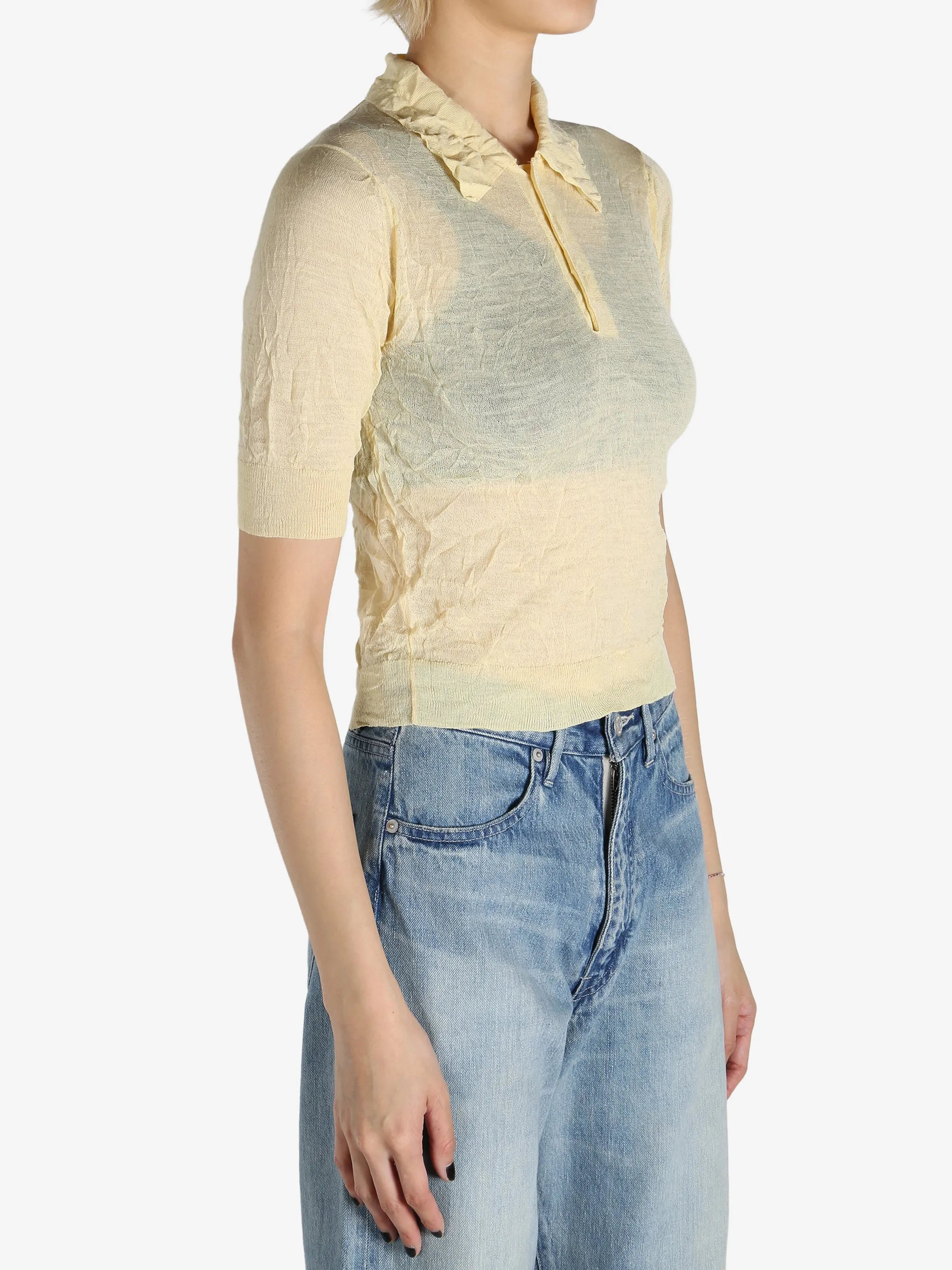 AURALEE - Women Wrinkled Wool Polyester High Gauge Knit Polo Shirt