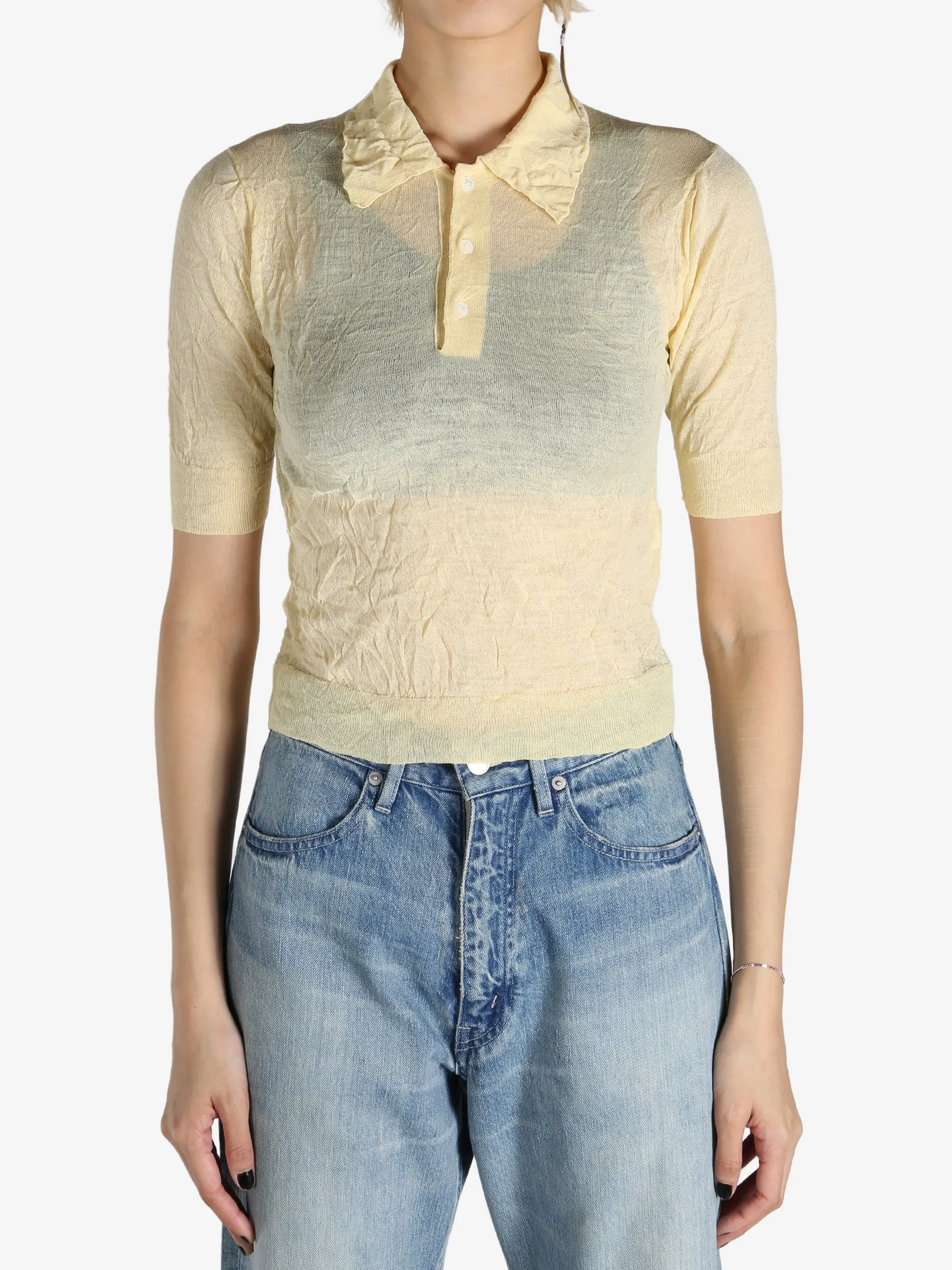 AURALEE - Women Wrinkled Wool Polyester High Gauge Knit Polo Shirt