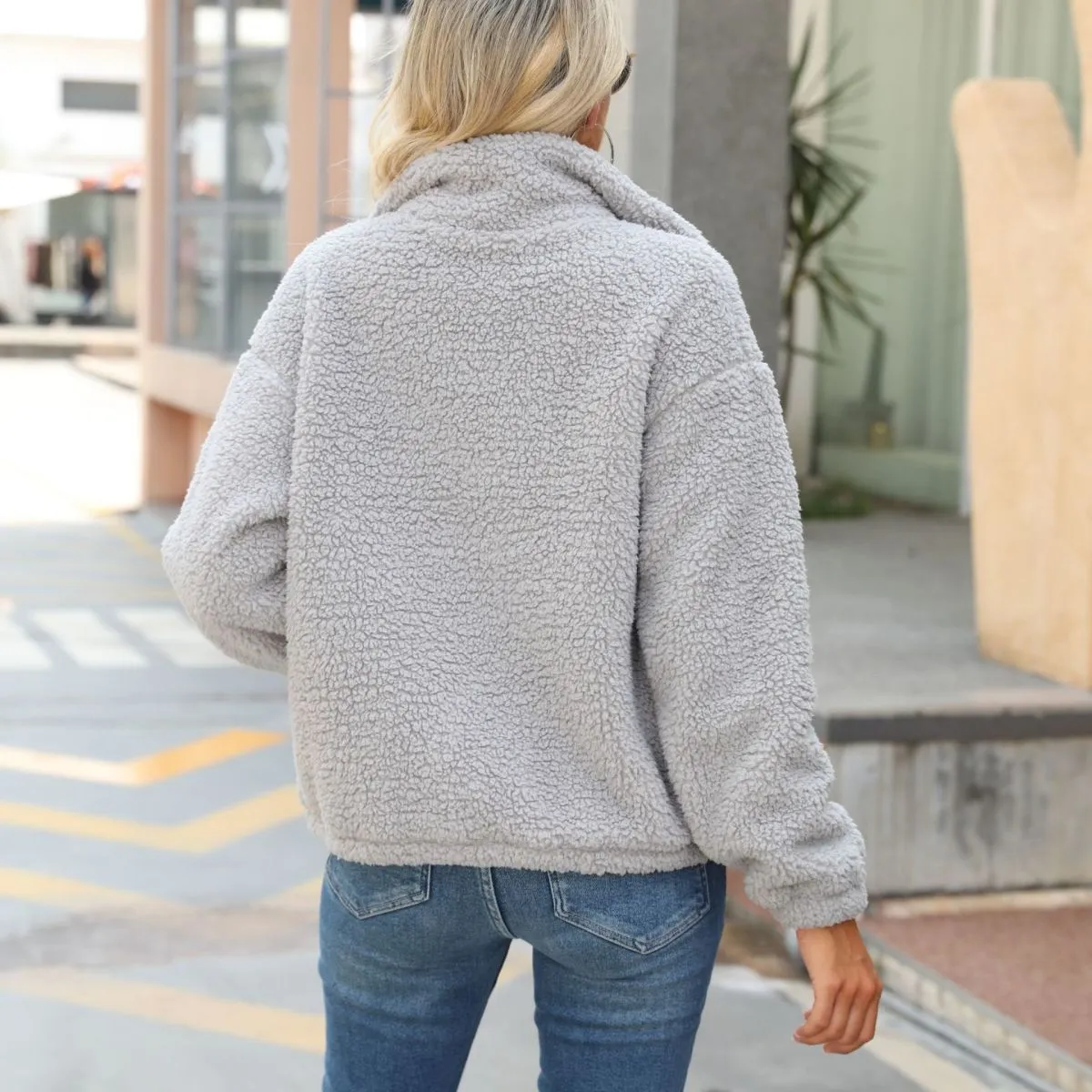 Collared Solid Color Fleece Jacket with Pockets