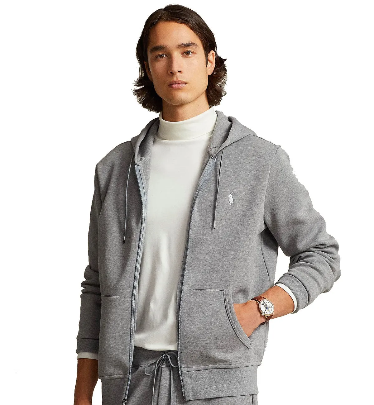 Ralph Lauren Double-Knit Full-Zip Polo Hoodie (Grey)