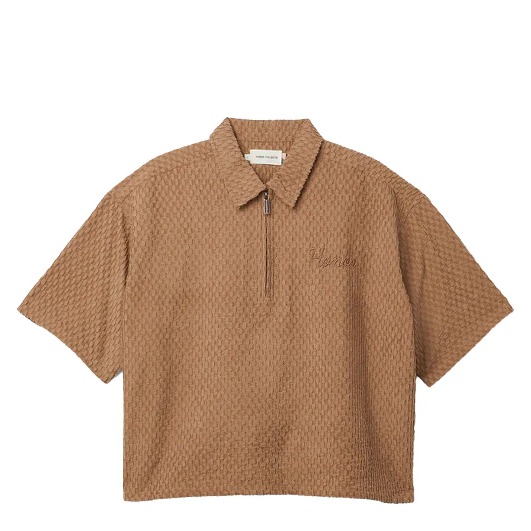 TEXTURED KNIT QUARTER ZIP SHIRT BROWN